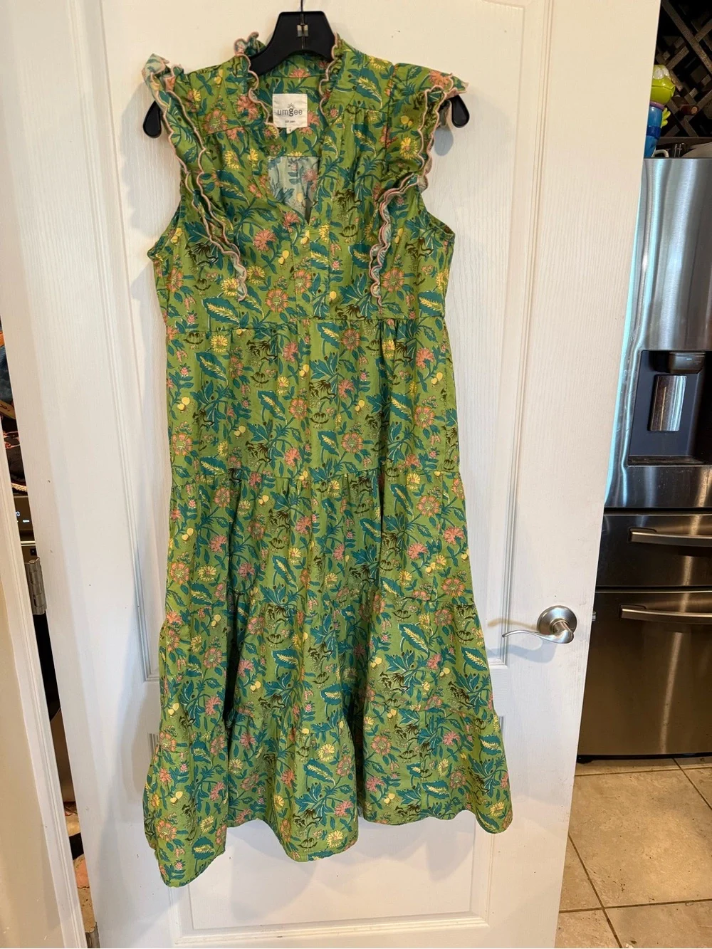 Umgee green Floral Garden Print Silky Cotton Tiered flutter Midi Dress small - Picture 2 of 8